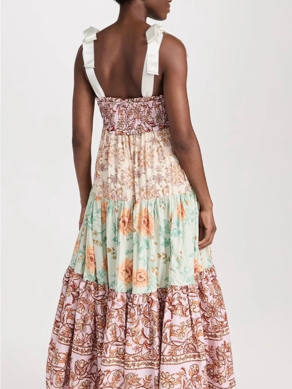 Free People Floral Tiered Maxi Dress with Tie Straps - Pink & Mint